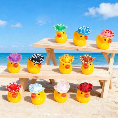 10pcs Miniature 3D Resin Colorful Duck Figurines, Shaped Like A Western Hat. Ideal For Summer Beach And Pool Games, Duck Races, Western-Themed Birthday Parties, Miniature Duck DIY Decorations, Duck Games, July 4th Celebrations, And Holiday Gift Bag Stuffing.