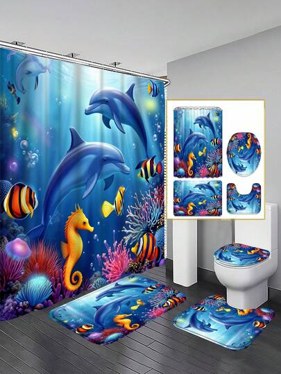 Bộ rèm tắm chủ đề cá heo và sinh vật biển (1/3/4 món), rèm tắm phong cách thế giới dưới nước tươi mới dành cho trẻ em, phụ kiện trang trí phòng tắm chống thấm nước và bền, kích thước 71"X71" - Rèm ngăn phòng tắm, bao gồm 12 móc - Tấm phủ bồn cầu, thảm chống trượt và thảm trải sàn, được làm từ vải polyester chất lượng cao, có thể giặt, thích hợp cho trang trí ngày lễ, trang trí mùa hè/phòng ngủ/nhà/phong cách miền Tây/phòng/nhà bếp, quà tặng tân gia, quà tặng tựu trường, quà tặng Ngày của Mẹ.