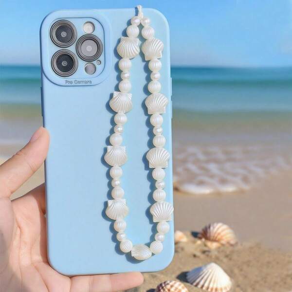 1 pièce Lanière de téléphone style coquillage et perle, sangle de poignet anti-perte style plage d'été, charm de téléphone girly (La taille réelle peut légèrement différer de la photo en raison de l'angle de prise de vue et du grossissement)