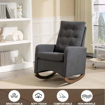 Silla de acento de la silla basculante tapiceada, Sillas basculantes de la guardería en tela de peluche con respaldo alto, Bolsillo lateral y patas de madera de goma, Silla de enfermería cómoda para la sala de estar, Dormitorio