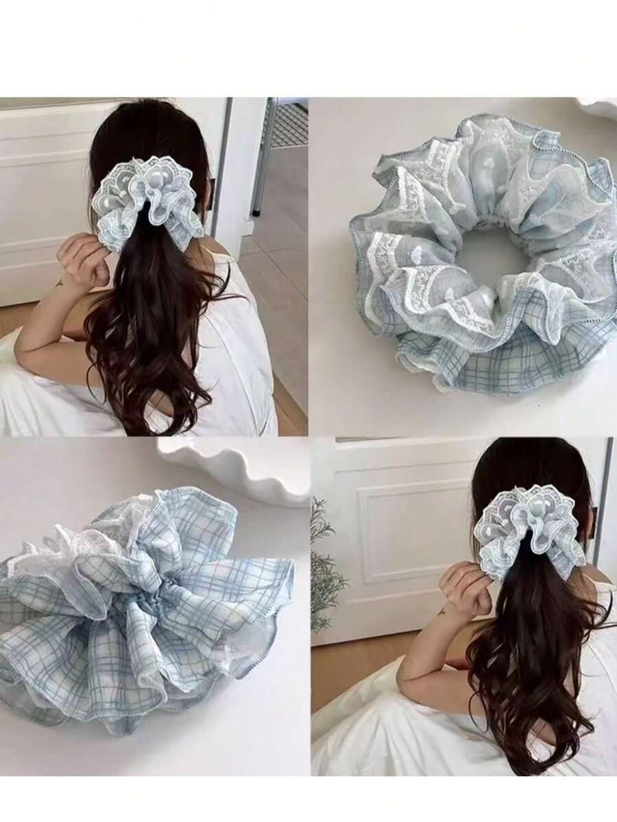 Coletero grande de 4 capas de encaje azul etéreo a cuadros, lazo para el cabello estilo francés para coleta y moño - Multicolor - Ver 1