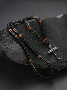 1pc Retro Natural Yellow Tiger Eyes Black Beaded Stone Men Necklace Suitable Daily Wear - Black - View 8