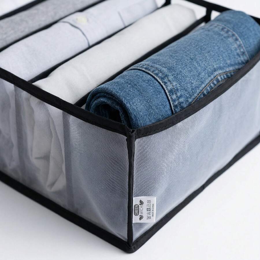 GREEN WICH Organizador de Armario para Ropa Interior y Calcetines con 6 Compartimentos 32X17X12cm, Separador de Cajones Plegable de Malla de Nailon, Caja de Almacenamiento Transpirable para Leggings, Corbatas y Bufandas (Blanco y Negro) - Gris - Ver 1