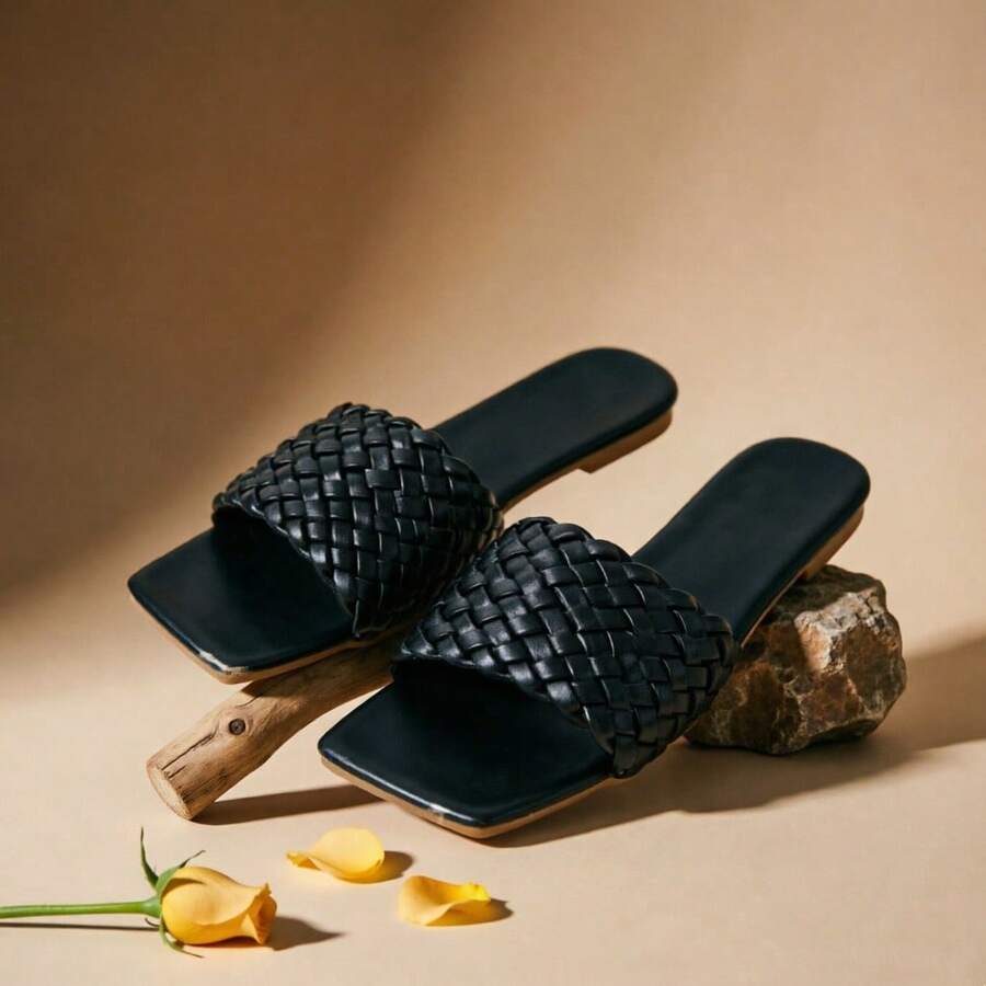1. Spring/Summer New Slippers, Fashion Casual One-Word Slip-On Slides, Comfortable Outdoor Wear, Black 2. Elegant Ladies' Open Toe Flat Woven Strap Sandals, Lightweight Casual Slippers - Black - View 1