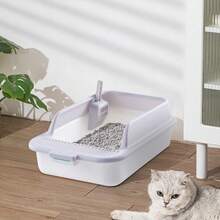 Durable Cat Litter Box With High Wall Design Semi-Enclosed Structure Included Scoop Small Medium Large Cats Rabbits - Grey - View 11