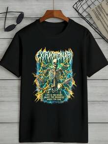 T-shirt homme en coton doux, col rond, coupe confortable, avec graphique squelette et éclair, impression artistique - Noir - Voir 2