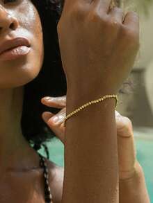 1pc Stainless Steel Waterproof Chain Adjustable Bracelet With Golden Beads, Minimalist Style Gift For Women - Gold - View 2