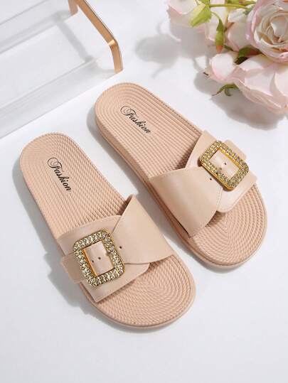 Dép xăng đan đế bằng nữ, thoải mái, thoáng khí, đế mềm mại, chất liệu giả dệt, khóa vuông đính đá hình thoi, màu trơn, hở mũi, quai rộng, kiểu dáng sang trọng, thích hợp cho mùa hè, đi biển, nghỉ mát, mua sắm, hẹn hò, mặc nhà hàng ngày, màu mơ nhạt.