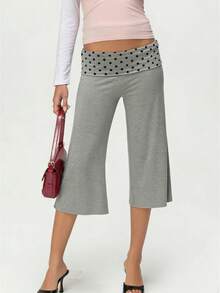Women's Y2k Fold Over Waist Yoga Capri Pants Fashion Casual Solid Color/Striped/Polka Dot Stretchy Low Rise Wide Leg Crop Pants Light Weight Comfy Lounge Capri Pants - 深灰色 - 查看 1