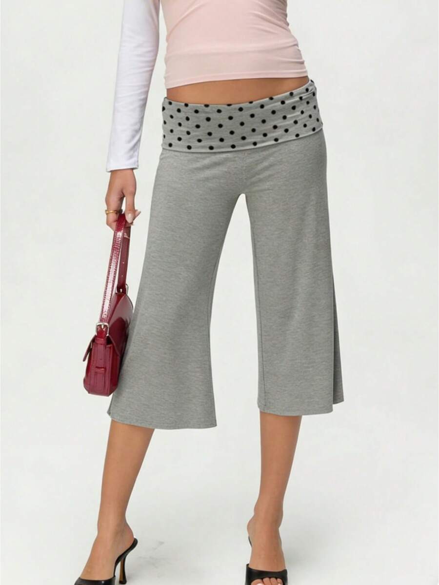 Women's Y2k Fold Over Waist Yoga Capri Pants Fashion Casual Solid Color/Striped/Polka Dot Stretchy Low Rise Wide Leg Crop Pants Light Weight Comfy Lounge Capri Pants - 深灰色 - 查看 1
