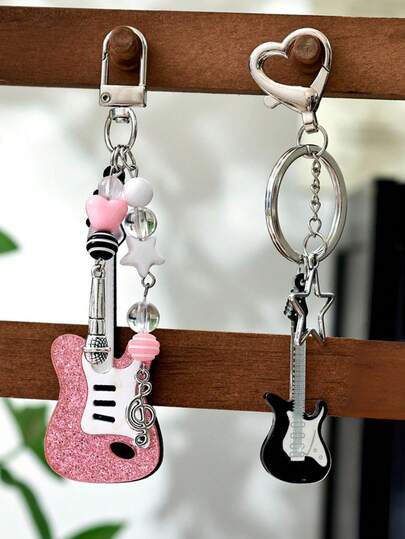 1pc Y2K Retro Girly Electric Guitar & Star Beaded Pendant Charm, Pink Heart Decor, Gift For Best Friend, Bag Accessory Gifts For Mother, Father, Graduation, And Teacher