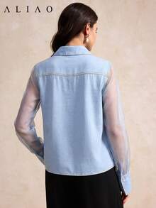 ALIAO Women's Modern Fashionable Versatile Elegant Sophisticated Business Commute Shirt, High-End Mesh Patchwork Denim Effect Texture Breathable Double-Breasted, Suitable For All Seasons - Light Wash - View 5