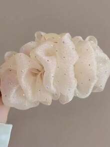 1个女士纯色亮面欧根纱超大蝴蝶结发夹，优雅时尚配饰，适合日常佩戴（发夹尺寸13-15厘米），夏季沙滩发夹，度假发夹，沙滩发爪，旅行，生日礼物 - 米色 - 查看 5