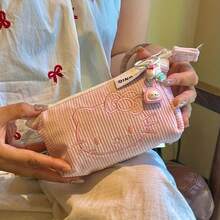 SANRIO 燈芯絨化妝包 大容量可愛卡通刺繡收納包 粉色甜美風 便攜式 唇膏筆收納盒 耐用拉鍊設計 拉鍊筆袋/筆筒 文具收納袋 可收納唇膏、眉筆等小物品 - 彩色 - 查看 10