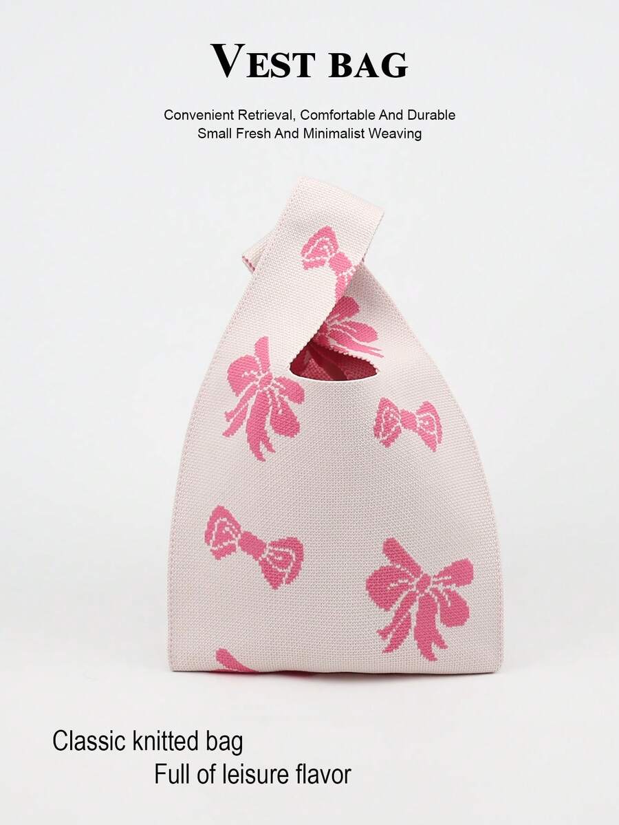 1pc Mini Lightweight Foldable Cute Multi-Color Resin Hollow Breathable Contrast Color Knitted Handbag Wristlet, Suitable For Vacation, Photo Shooting, School For Girls - Pink - View 1