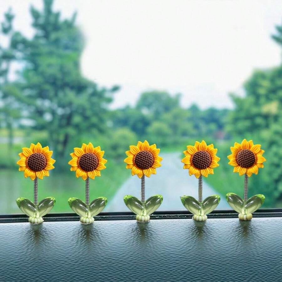 Cute Swinging Sunflower Car Decor, Healing Floral Decoration Suitable For Dashboard And Rearview Mirror, Mini Garden Sunflower Ornament - Sunflower - View 1