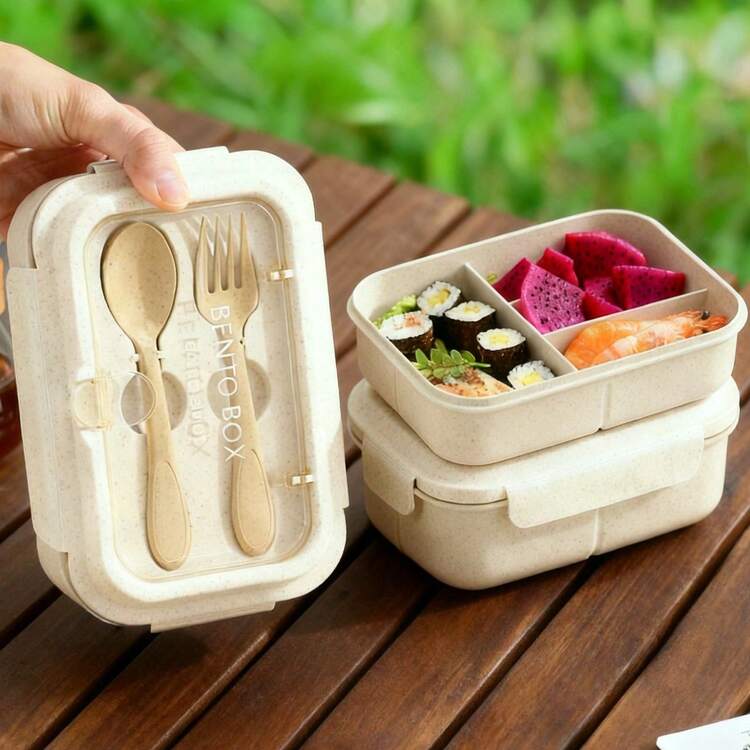 Lunch Box With Spoon And Fork, Microwave & Dishwasher , Durable, Leak-Proof, Material, Suitable For Work, School, Outdoor, Snack Box With Cutlery Set - Multicolor - View 2