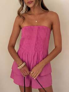 New Elegant Solid Color Casual Cropped Pleated Top With Drawstring Waist Shorts, Suitable For Beach, Vacation, Daily Wear, And Dates Summer - Rose Pink - View 6