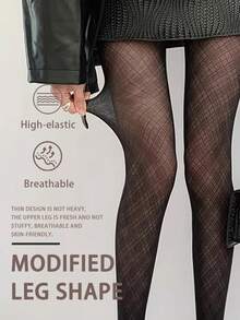 Medias negras con patrón de rombos retro, pantimedias elásticas y transpirables que estilizan, medias de red sexys - Negro - Ver 2