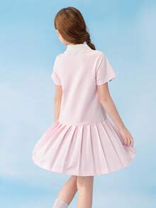 Balabala Vestido de verano para niñas 2026, estilo polo de línea A, look universitario dulce, mezcla suave de algodón, uso cómodo para todos los días - blanco rojo - Ver 3