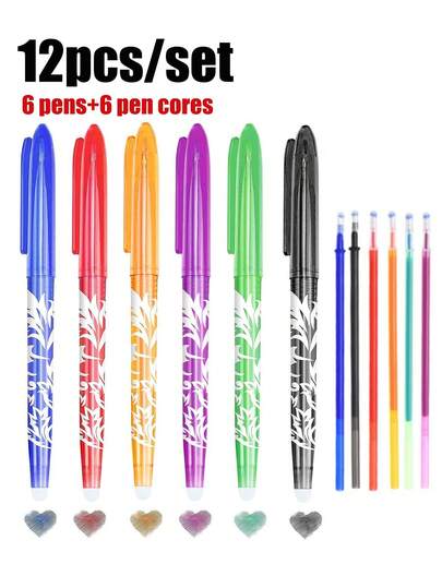 12pcs/Set (6pcs Erasable Pens + 6pcs Refills) Colorful Erasable Pens, 0.5mm Erasable Ballpoint Pen Set, Multiple Styles, Smooth Writing, High-Quality School & Office Stationery, Ideal Gift