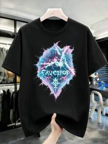 T-shirt da uomo con stampa grafica a fulmine, tessuto di qualità, girocollo, vestibilità comoda, stile street hip-hop - nero - Visualizzare 2