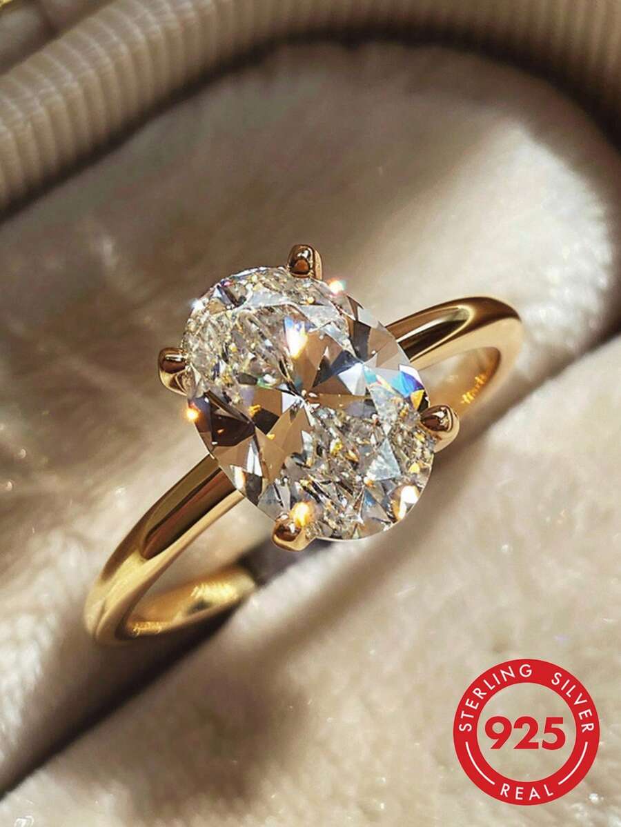 1 chiếc nhẫn hình bầu dục 4 chấu bằng bạc sterling 925 sang trọng, quà tặng trang sức cho nữ, quà sinh nhật, quà dự tiệc.