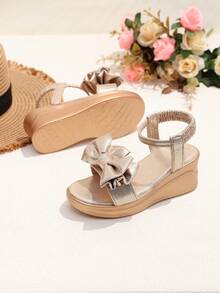 1 paire de chaussures à enfiler pour enfants avec nœud papillon doré pailleté, pratiques à porter, convenant aux représentations, aux fêtes, à la mode et à l'élégance - Doré - Voir 2