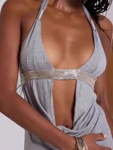 Women's Sexy Neck Strap Low Chest Hollow Back Hip Wrap Short Dress Dress Music Festival Party - 銀色 - 查看 3