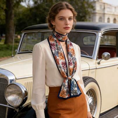 新款中国风彩色水墨牡丹桑蚕丝围巾，米白色底，线条勾勒花卉图案，缎面长围巾，百搭时尚配饰，设计精致，质感奢华，时尚百搭