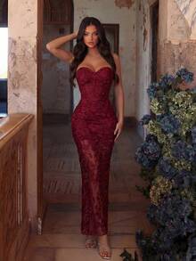 优雅无肩带高腰露背系带鸡尾酒会、约会之夜、舞会、宴会和正式场合礼服（花卉图案随机） - 酒紅色 - 查看 1