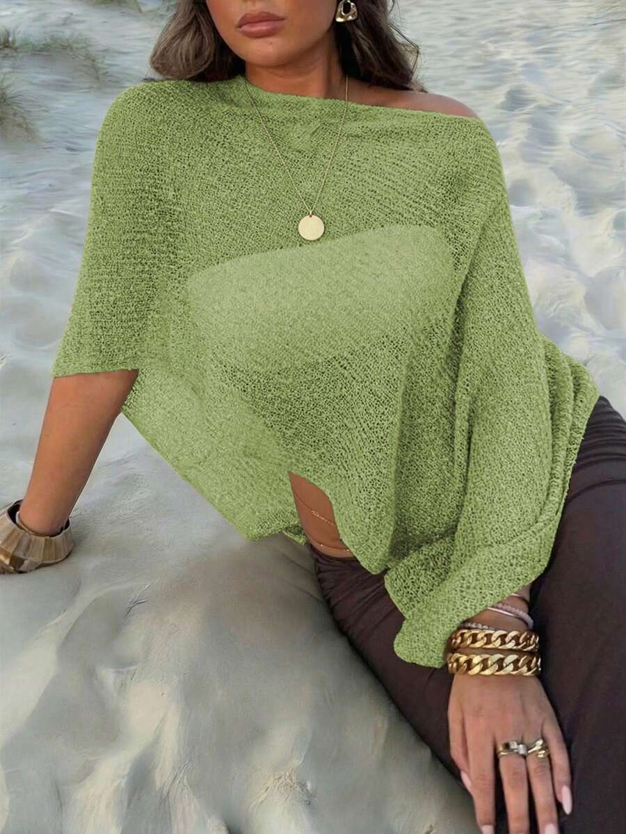 Women's New Off-Shoulder Semi-Sheer Sleeveless Asymmetric Knit Sweater, Fashionable Casual Sexy Beach Party Pullover, Spring/Summer