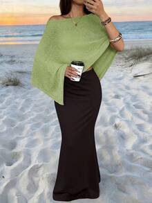 Women's New Off-Shoulder Semi-Sheer Sleeveless Asymmetric Knit Sweater, Fashionable Casual Sexy Beach Party Pullover, Spring/Summer - Green - View 3