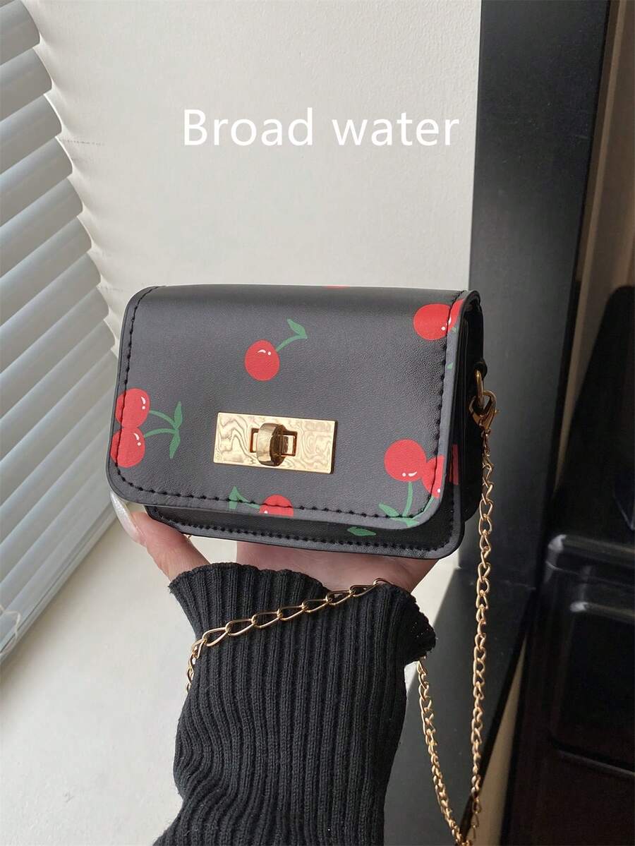 迷你方形包包，新款樱桃图案，女士手提包、单肩包、链条包、翻盖小包、口红包、可爱斜挎包