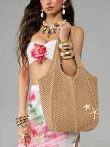 Bolso de tote de gran capacidad de estilo vacacional de uso versátil y casual mínimo, bolso de hombro de diseño exclusivo y elegante, equipado con decoración de estrella de mar, textura de alta gama y elegante para mujer, bolso de sobaco tejido con ganchos huecos, adecuado para vacaciones en la playa y otras escenas - Multicolor - Ver 5