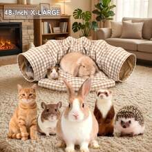48-Inch Bunny Tunnel Bed, 2-In-1 Large Adult Pet Hideout, Extra Long Collapsible Play Tube, Removable Washable Mat, Grid Pattern, Space-Saving Pop-Up, Indoor Rabbits, Cats, Guinea Pigs, Ferrets, Interactive Boredom Breaker, Activity Center, Gift - 黃色 - 查看 1