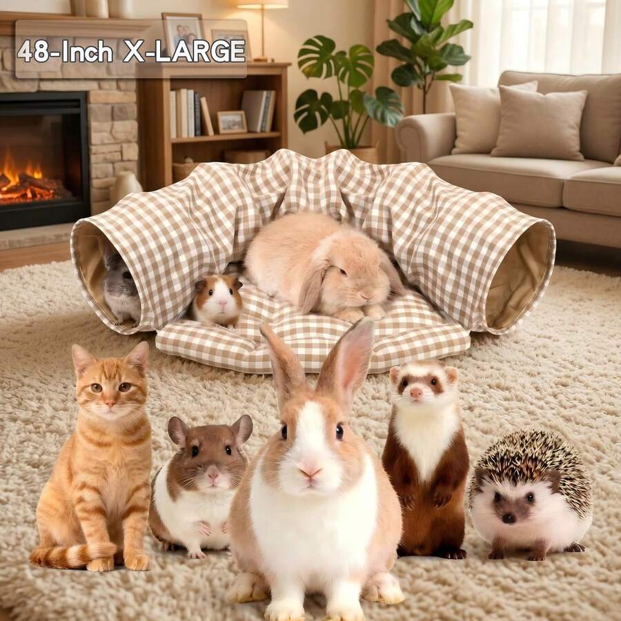 48-Inch Bunny Tunnel Bed, 2-In-1 Large Adult Pet Hideout, Extra Long Collapsible Play Tube, Removable Washable Mat, Grid Pattern, Space-Saving Pop-Up, Indoor Rabbits, Cats, Guinea Pigs, Ferrets, Interactive Boredom Breaker, Activity Center, Gift - 黃色 - 查看 1