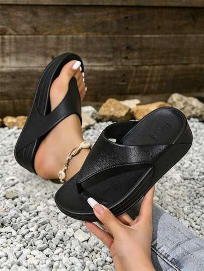 Women's Fashion Summer Beach Sandals, Solid Color Platform Flip Flops, Casual Slip-On Slippers, Suitable For Daily Walking, Shopping, Vacation And Travel