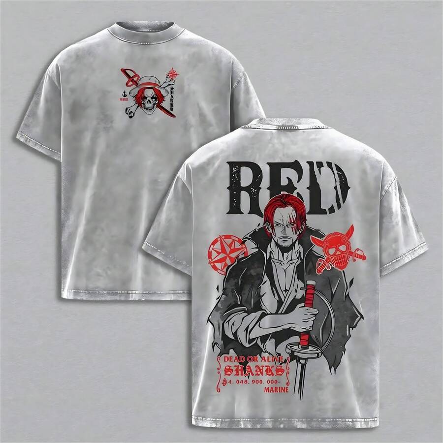 Retro Limited Shanks Red One PieceVintage Unisex Oversized Anime GraphicTee Y2K Double Printed Acid WashedCotton T-Shirt Streetwear, Outfits Men TopManga Game Movie Gift Lover Merch - Xám - Xem 1