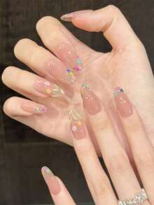 10 piezas de uñas postizas hechas a mano con diseño de flores secas en rosa nude para primavera y verano - Rosa Pálido - Ver 2