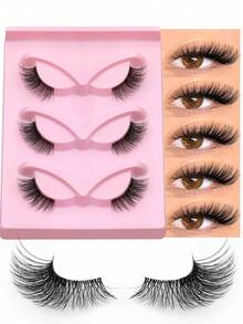 GROINNEYA 3 Pairs Fox Eye Lashes C Curl Flared Half-Strip False Eyelashes, Natural Makeup 3D Effect Faux Mink Lashes With Invisible Band, Lightweight & Reusable, Waterproof, Suitable For Vacation, Short Trips - Black - View 5