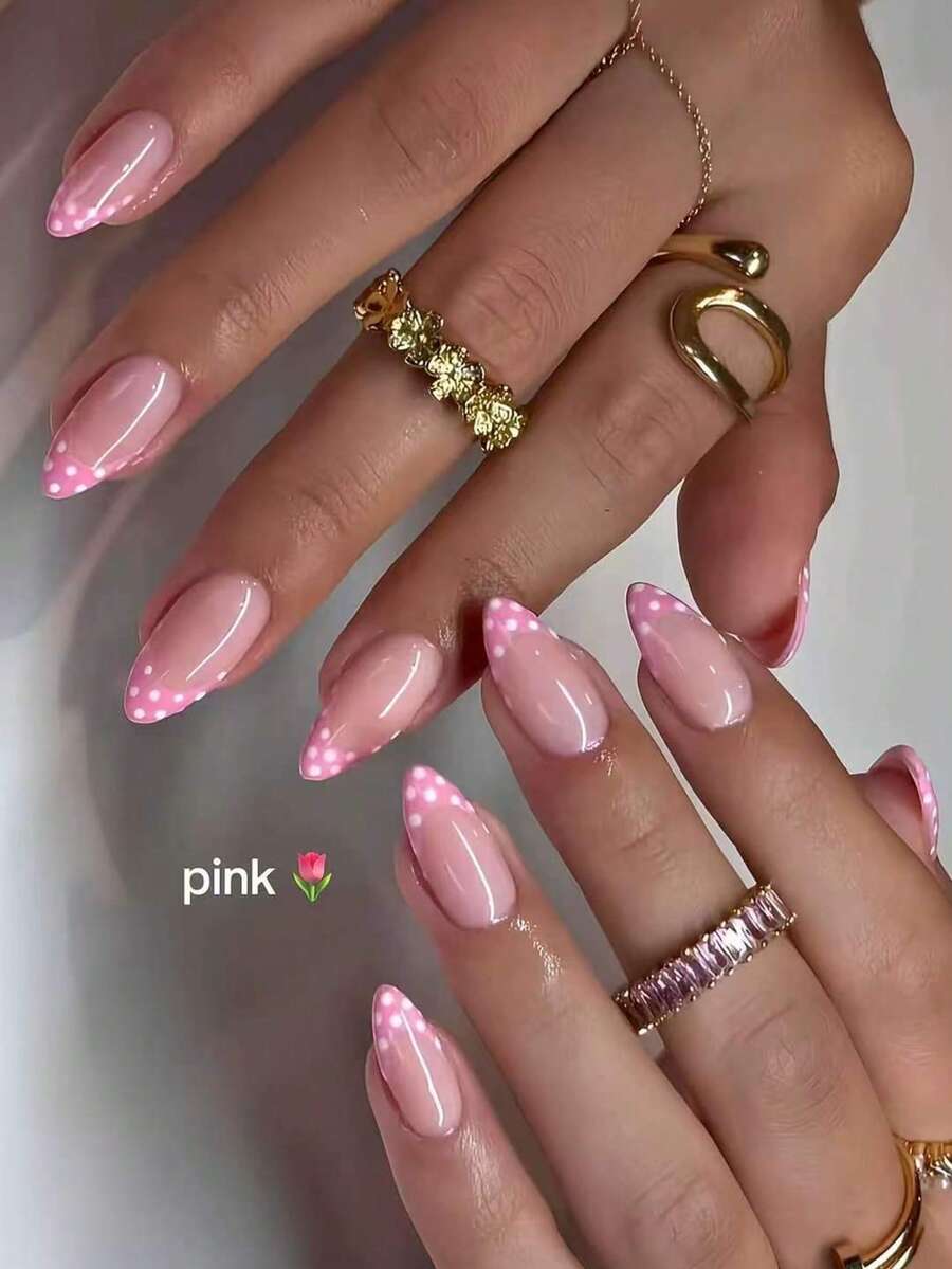 24片粉色波点长款假指甲，包含1瓶果冻胶和1把指甲锉，短款波点美甲让您的指尖闪耀动人，适合派对、跳舞和日常使用。 - 粉色 - 查看 1