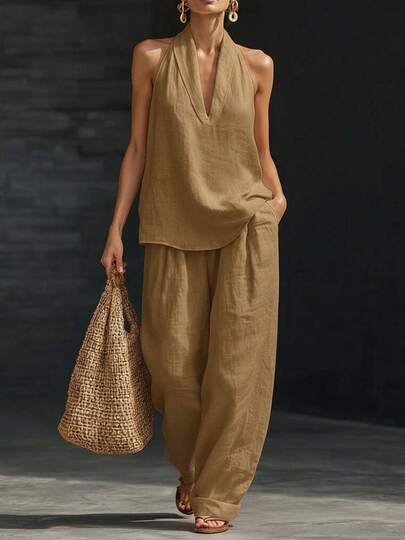 Women's Halter V Neck Sleeveless Two Piece Set 2026 Spring Summer Solid Color Casual Matching Outfits Soft Comfortable Wide Leg Pants Lounge Co Ord Y2K Streetwear Vacation Going Out Daily Wear Juniors