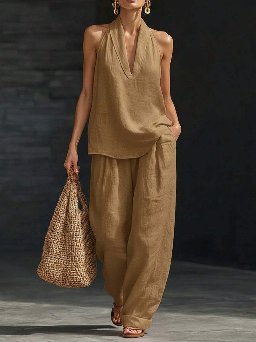 Women's Halter V Neck Sleeveless Two Piece Set 2026 Spring Summer Solid Color Casual Matching Outfits Soft Comfortable Wide Leg Pants Lounge Co Ord Y2K Streetwear Vacation Going Out Daily Wear Juniors - Màu nâu vàng - Xem 1