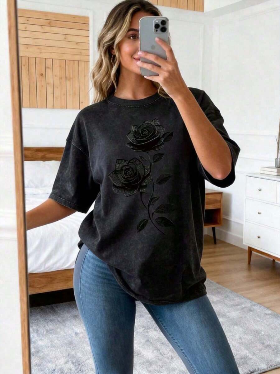 Pure Cotton Printed T-Shirt - Printing Process.Pure Cotton Washed Loose-Fit T-Shirt,Dark Style Vintage Washed Rose Printed Pure Cotton Oversized Short Sleeve T-Shirt,Halloween,Día De Los Muertos,Home Leisure,Weekend Outing,Sensitive Skin Group - 黑色 - 查看 1