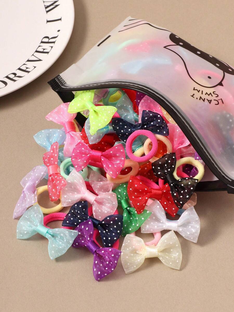 10/20/30个/套 波点蝴蝶结发圈,可爱卡通毛巾弹力发绳,甜美百搭发饰(颜色和款式随机),节日,派对 - 彩色 - 查看 1