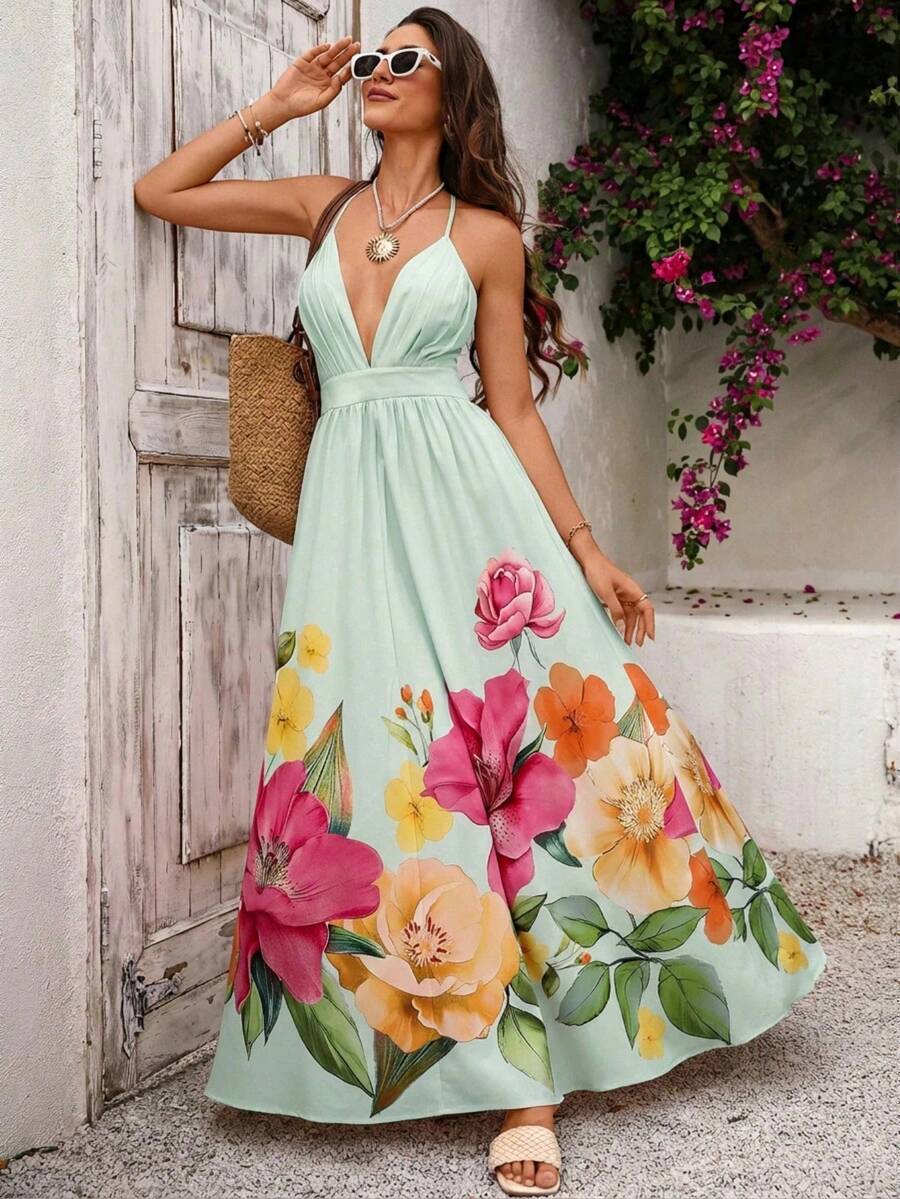 Women's Casual Vacation Dress, With Print And Backless Design, Elegant And Stylish, Halter Neck Style With A Full Skirt. - 薄荷綠 - 查看 1