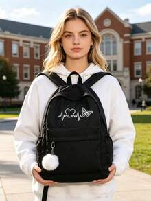Ba lô nữ màu đen bằng nylon, in hình trái tim và bướm, kèm móc khóa bông trang trí, balo đựng laptop kiểu dáng thường ngày dành cho sinh viên đại học. - Nhiều màu - Xem 5