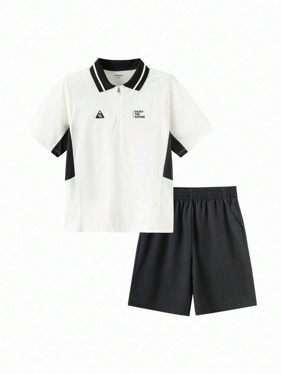 Balabala Bộ đồ 2 món cho bé trai tuổi teen, nhanh khô, thoáng mát, thời trang mùa hè 2026 - tông màu trắng đen - Xem 1