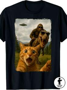 1 Stück Herren-T-Shirt aus schwarzer Baumwolle mit Rundhalsausschnitt, lustiges Grafik-T-Shirt mit ungewöhnlichem Mashup aus orangefarbener Katze, Bigfoot, T-Rex, UFO und Vintage-Rahmen - Schwarz - Übersicht 2